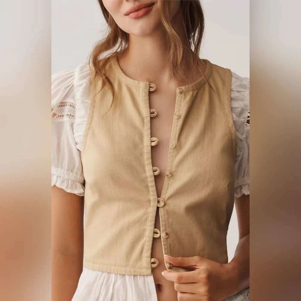 NWT Anthropologie Tan Puff Sleeve Twofer Top